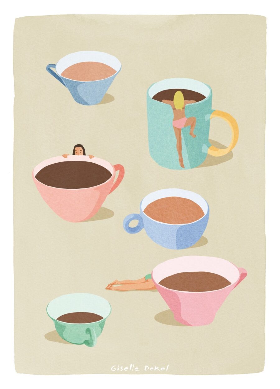 Kaffe plakat med lyserøde, blå og grønne kaffekopper og såkaldte Coffee Ladies, der gemmer sig imellem kopperne