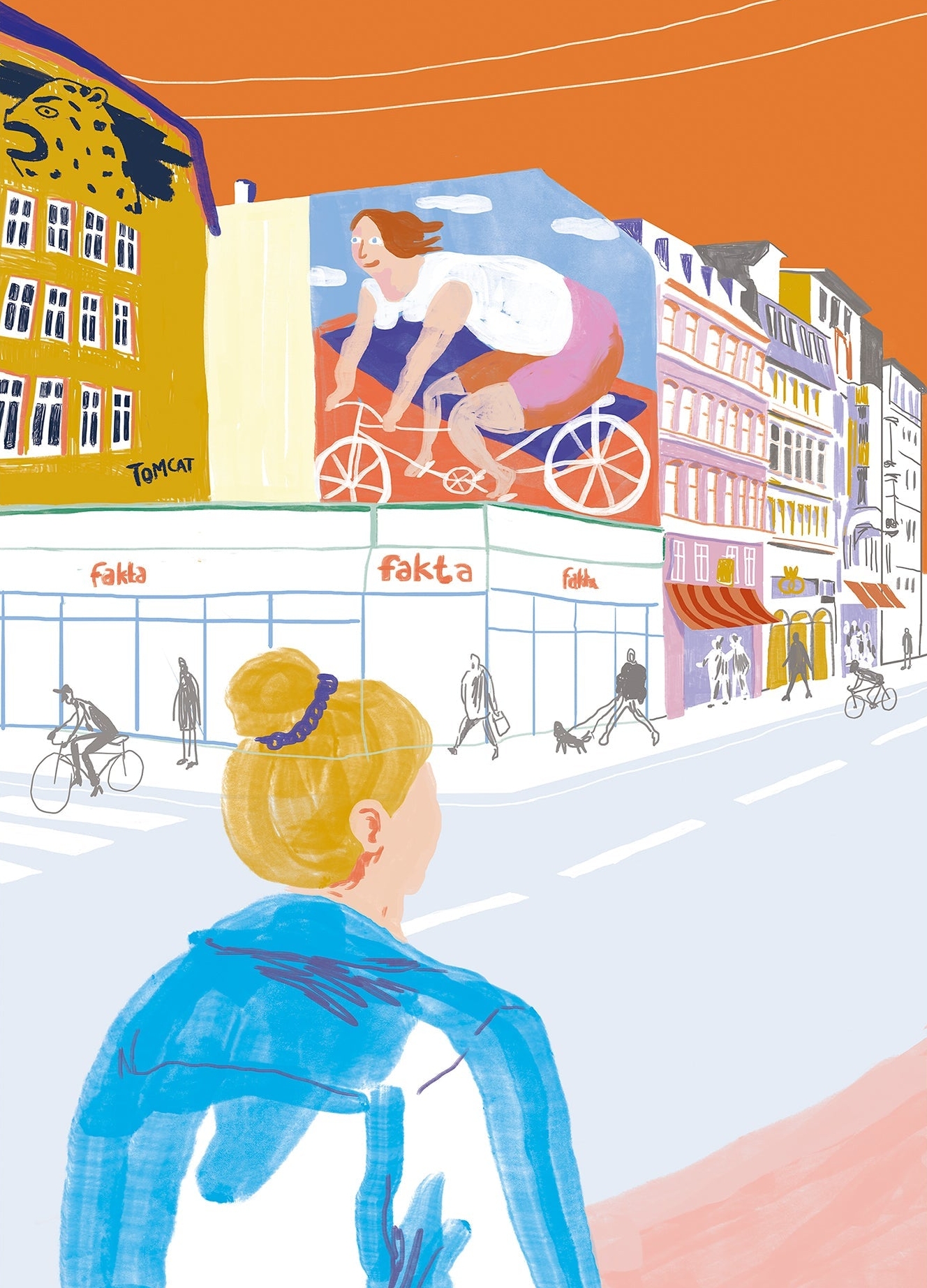 Farverig og charmerende Nørrebro plakat af Nørrebro bydelen i København. Plakaten er i grå, orange, gul og lyseblå. Man ser en lyshåret kvinde gå igennem Nørrebro.