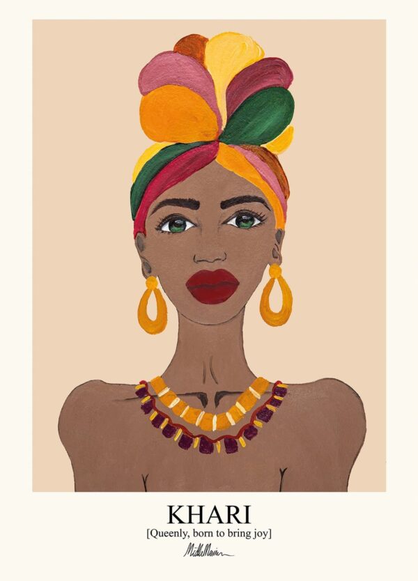Morais Artworks plakat af den brune kvinde Khari. Kvinden udstråler en enorm styrke og selvstændighed.