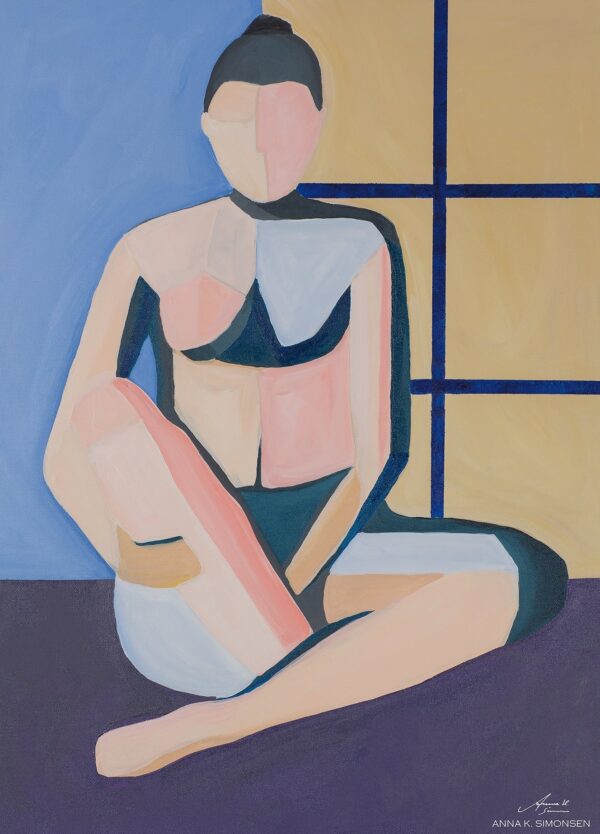 Anna K. Simonsen plakat med en kvinde i lyserøde og blålige nuancer. Baggrunden er mørkelilla, blå og gul