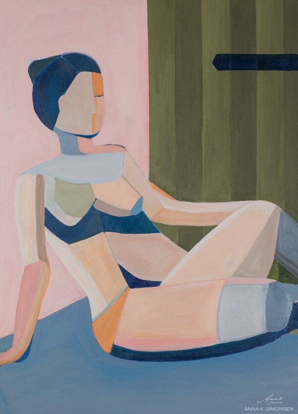 Anna K. Simonsen plakat med en siddende kvinde. Plakaten er i lyserøde, olivengrønne og mørkeblå nuancer.