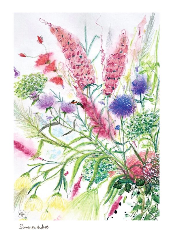 Lydia Wienberg plakat med en smuk sommerbuket i grønne, lyserøde og lilla nuancer