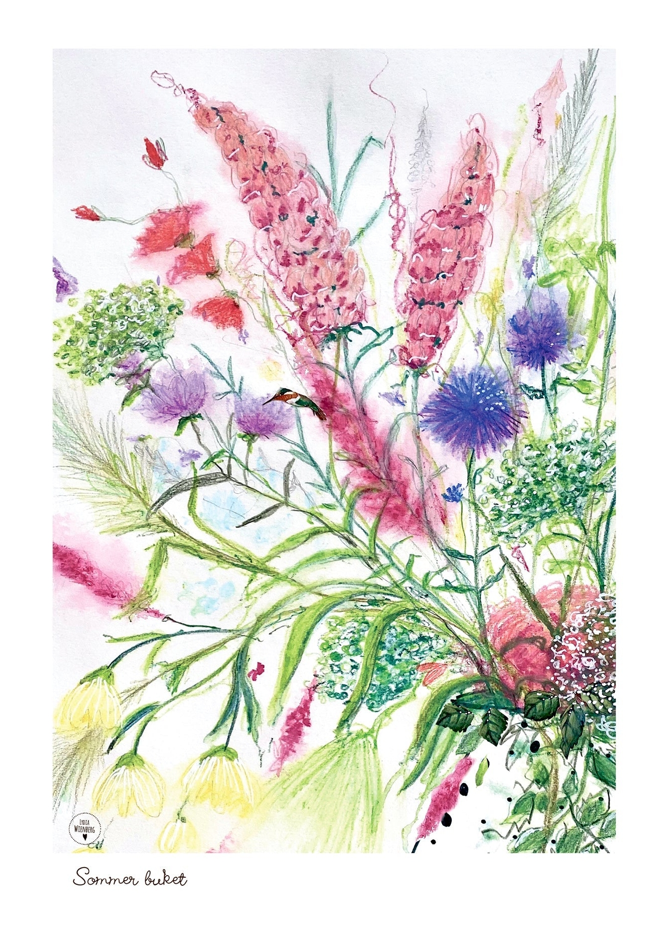 Lydia Wienberg plakat med en smuk sommerbuket i grønne, lyserøde og lilla nuancer