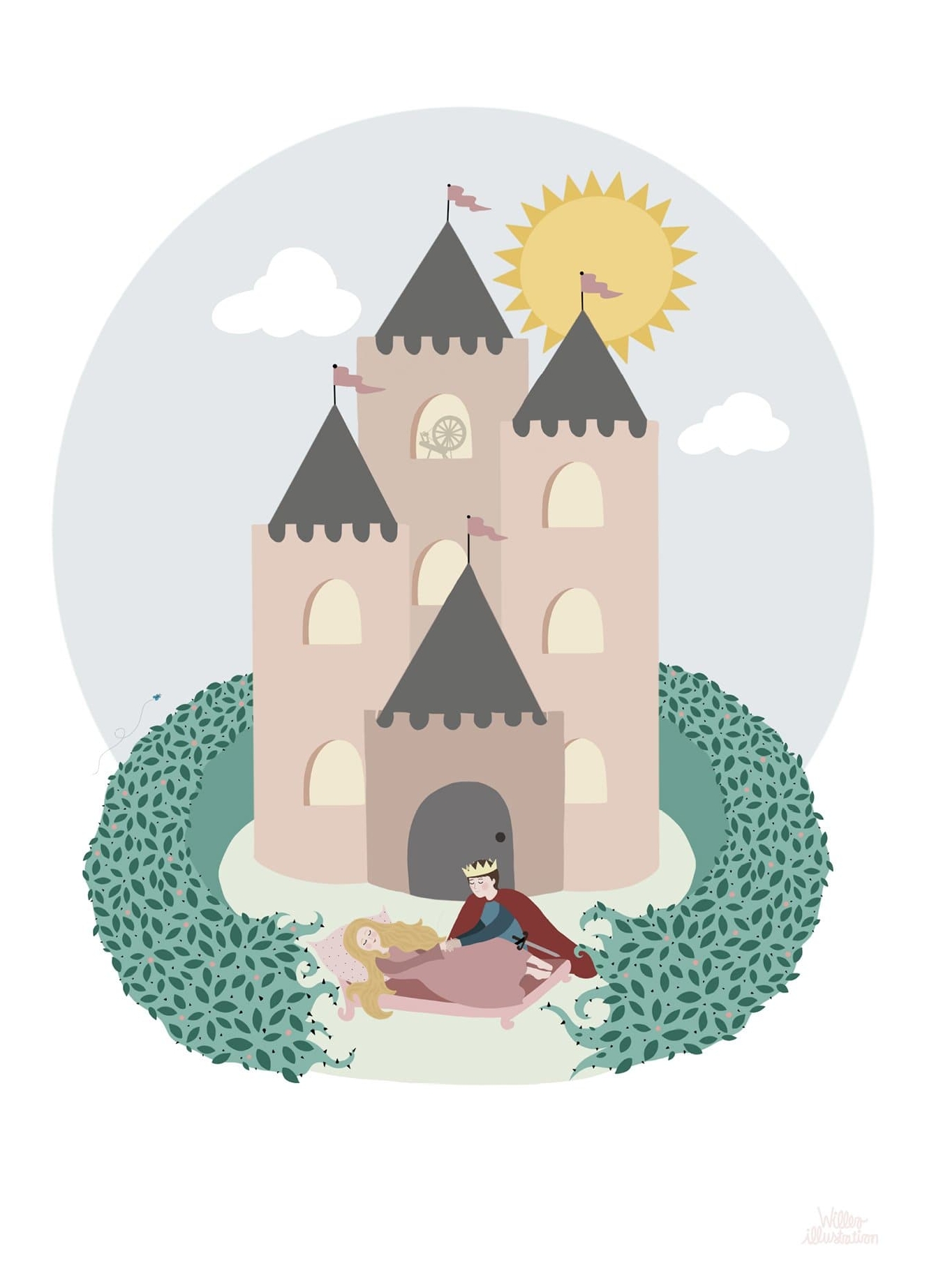 Børnevenlig Tornerose plakat af øjeblikket, hvor prinsen finder den sovende prinsesse foran slottet.