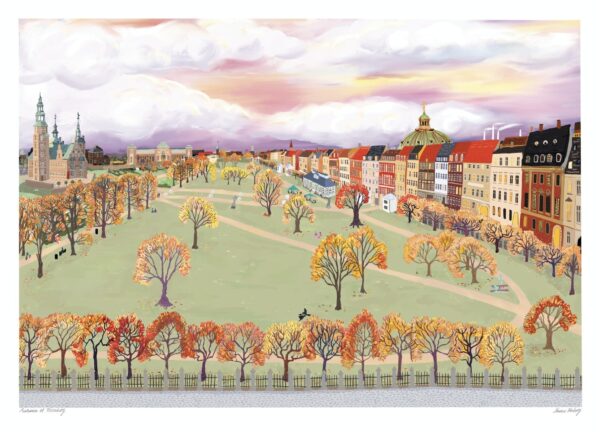 København plakat med Kongens Have og Rosenborg og byens farverige bygninger. Man kan se på træernes orange og gullige farver og den smukke lyserøde og skyede himmel, at det er efterår.