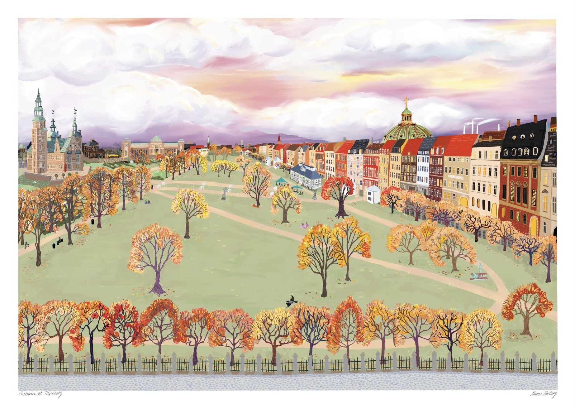 København plakat med Kongens Have og Rosenborg og byens farverige bygninger. Man kan se på træernes orange og gullige farver og den smukke lyserøde og skyede himmel, at det er efterår.