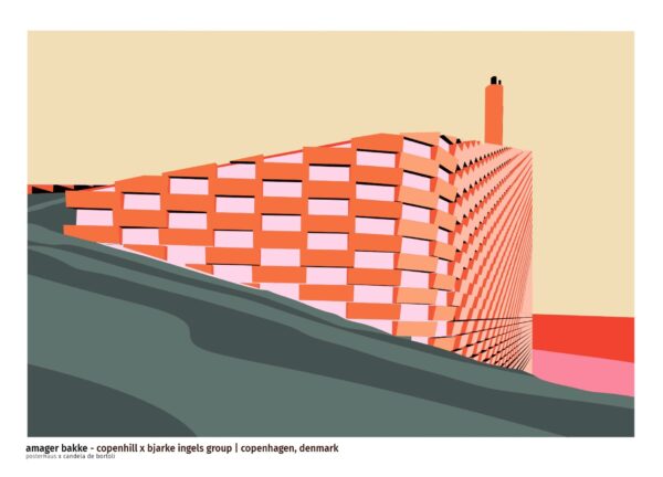 Grafisk plakat af Amager bakke i København på en gul baggrun. Plakaten er skabt af posterHaus x Candela De Bortoli