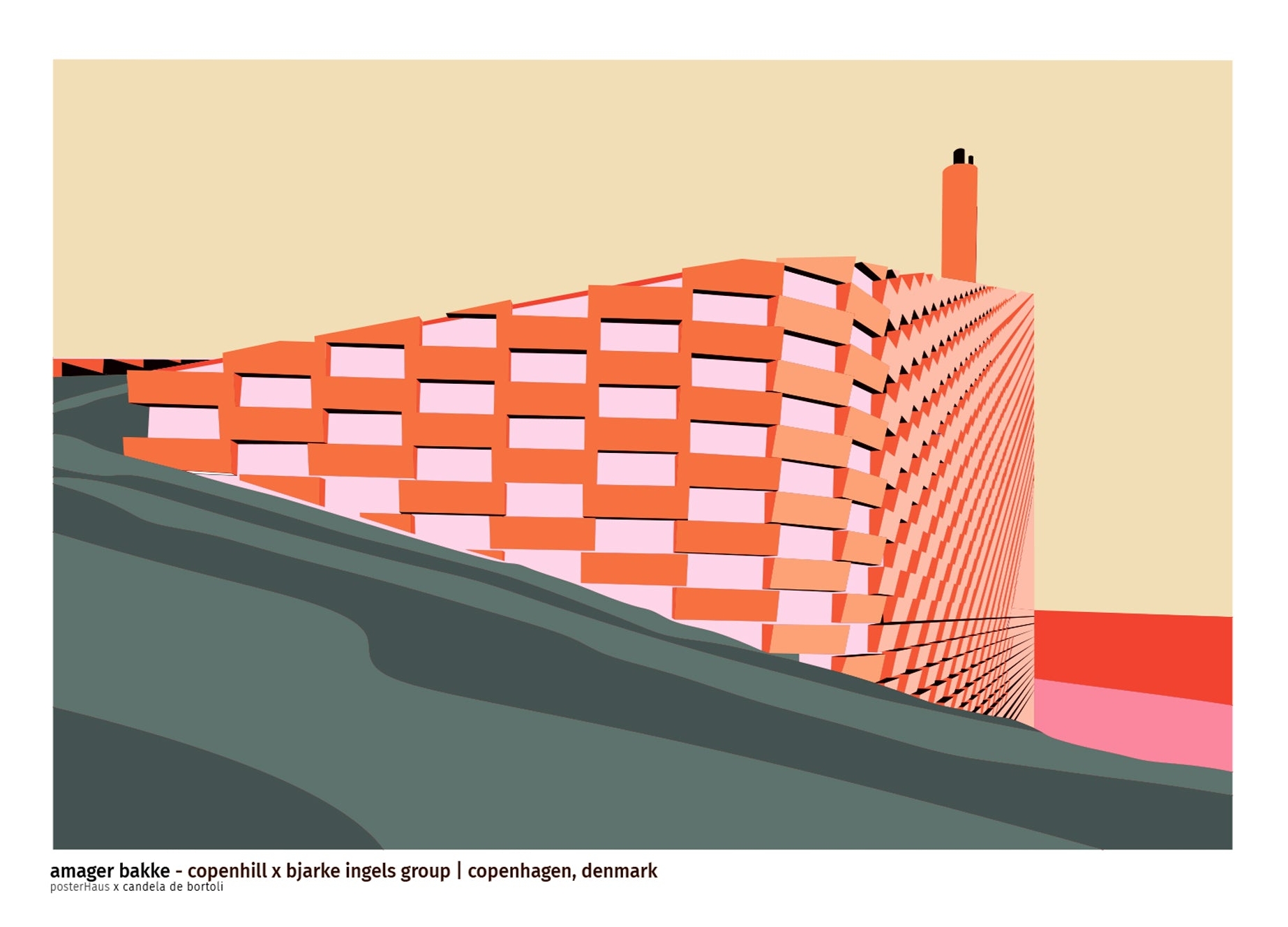 Grafisk plakat af Amager bakke i København på en gul baggrun. Plakaten er skabt af posterHaus x Candela De Bortoli