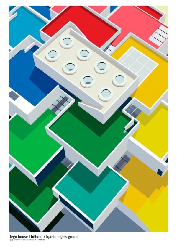 Grafisk plakat af Lego House i Billund. Plakaten er skabt af posterHaus x Candela De Bortoli