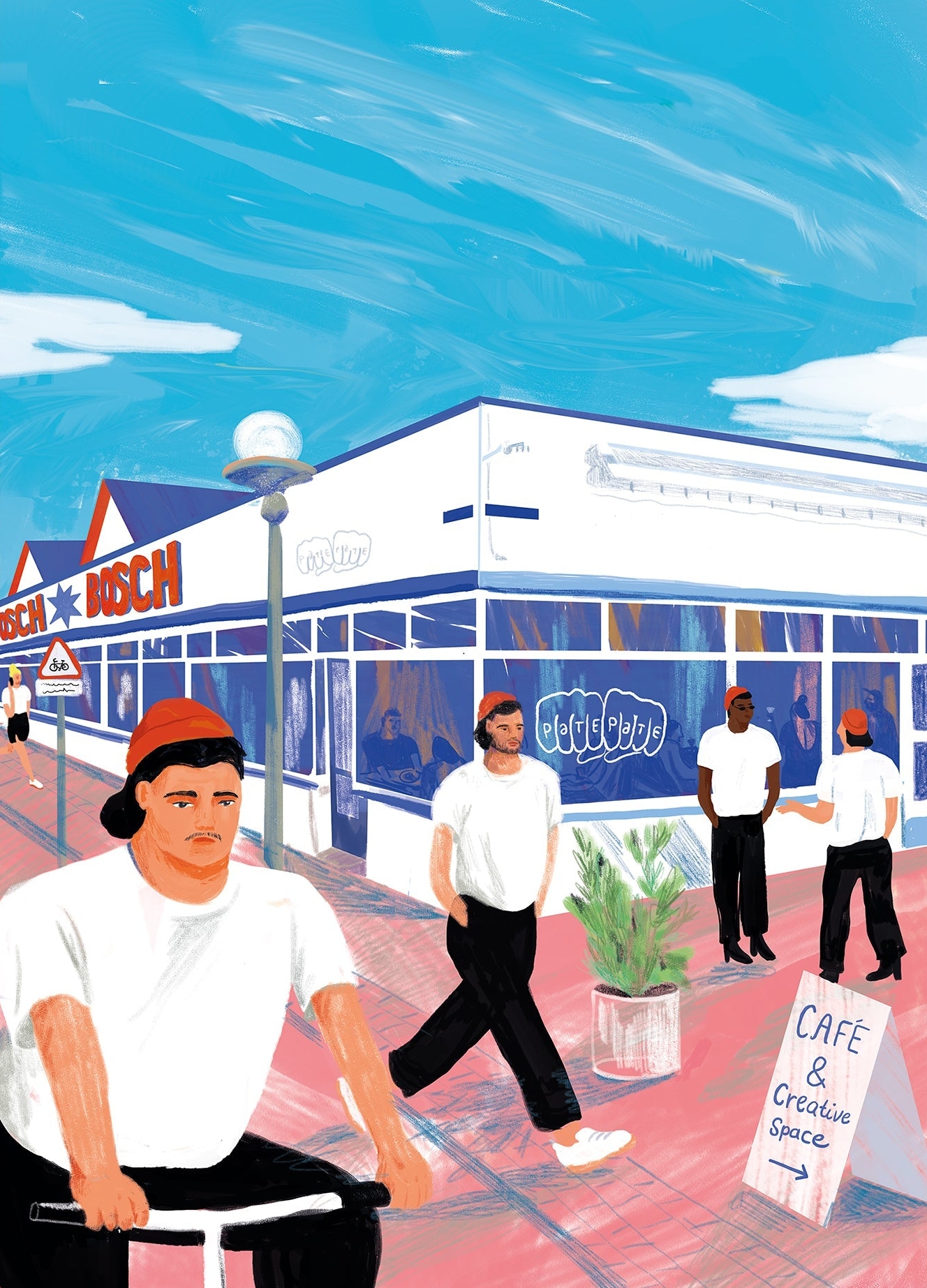 Plakat af den københavnske bydel Kødbyen i hvide, lyseblå og lyserøde nuancer.