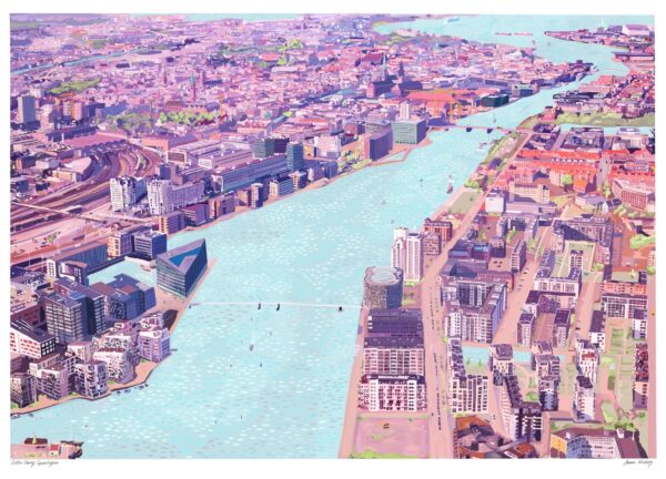 Københavner plakat med byen set ovenfra i lyserøde, lilla og lyseblå nuancer