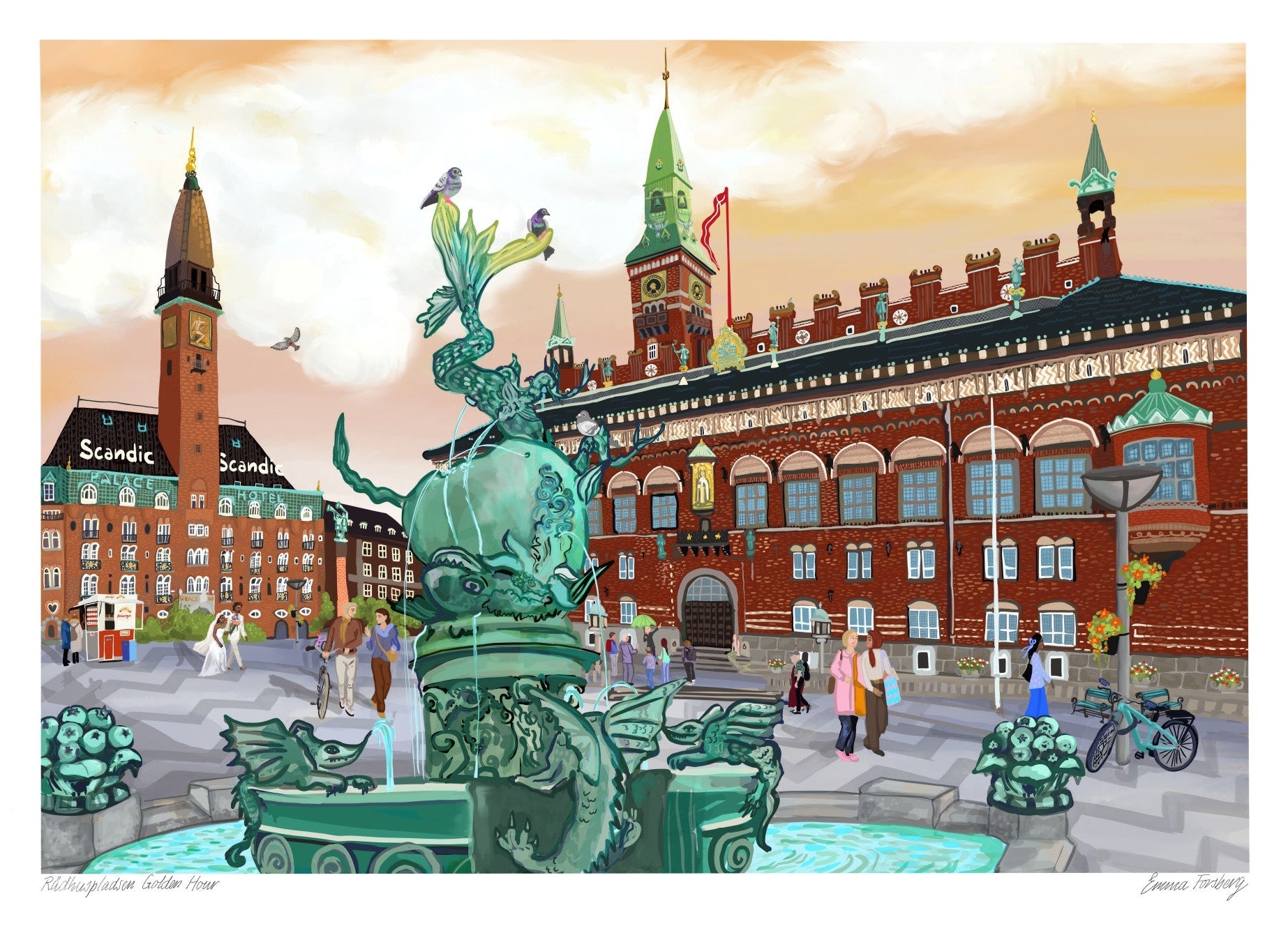 København plakat med Rådhuspladsen under den gyldne time. På plakaten ses Københavns Rådhus, Dragespringvandet og en masse glade mennesker.