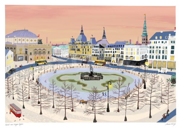 Plakat med Kongens Nytorv i København under en orange himmel