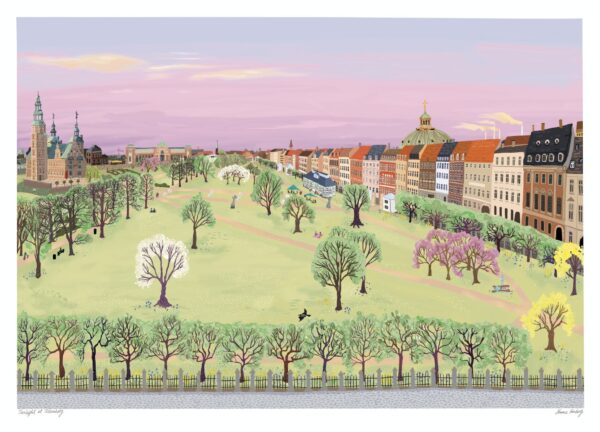 Kongens Have i København på en smuk forårsdag med en fin lyserød himmel