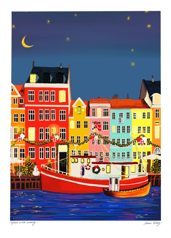 Nyhavn plakat, hvor gaden ses med julepynt og lys i natten