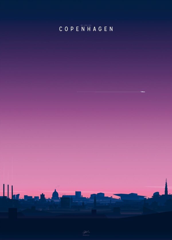 København plakat med en lyserød himmel over den Københavnske skyline
