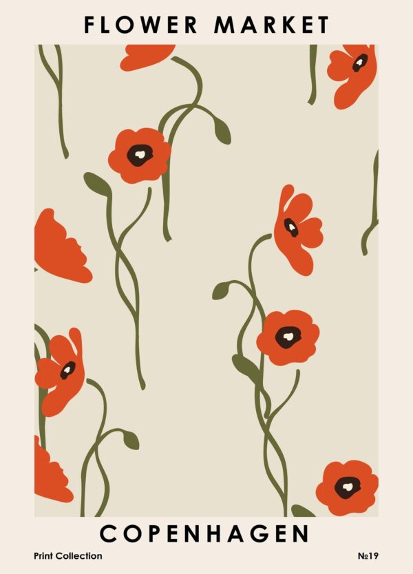 Københavner plakat med røde valmuer. På plakaten står FLower Market Copenhagen , der også er plakatens titel.