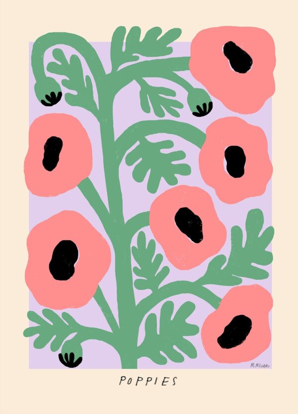 Madelen Möllard plakat kaldet Pink Poppies. Den moderne blomsterplakat har et motiv af lyserøde valmuer på en lilla baggrund.