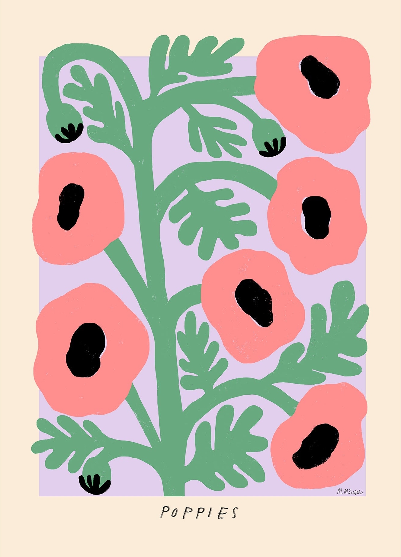 Madelen Möllard plakat kaldet Pink Poppies. Den moderne blomsterplakat har et motiv af lyserøde valmuer på en lilla baggrund.