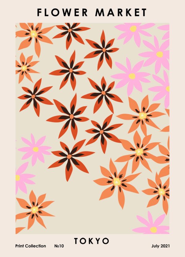 Plakat af grafiske blomster inspireret af et blomstermarked i Tokyo. Plakaten er skabt af NKTN