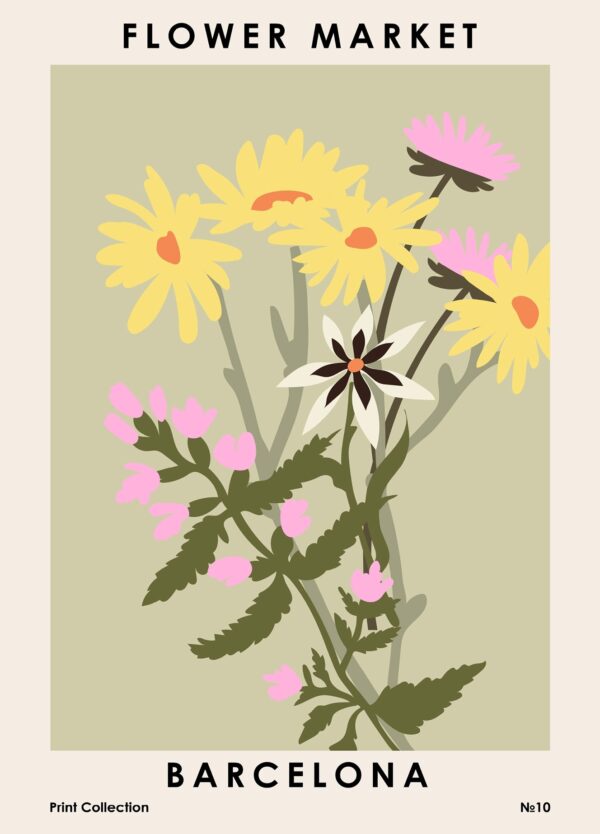 Grafisk plakat af en blomsterbuket inspireret af et spansk marked i Barcelona. Plakaten er skabt af NKTN