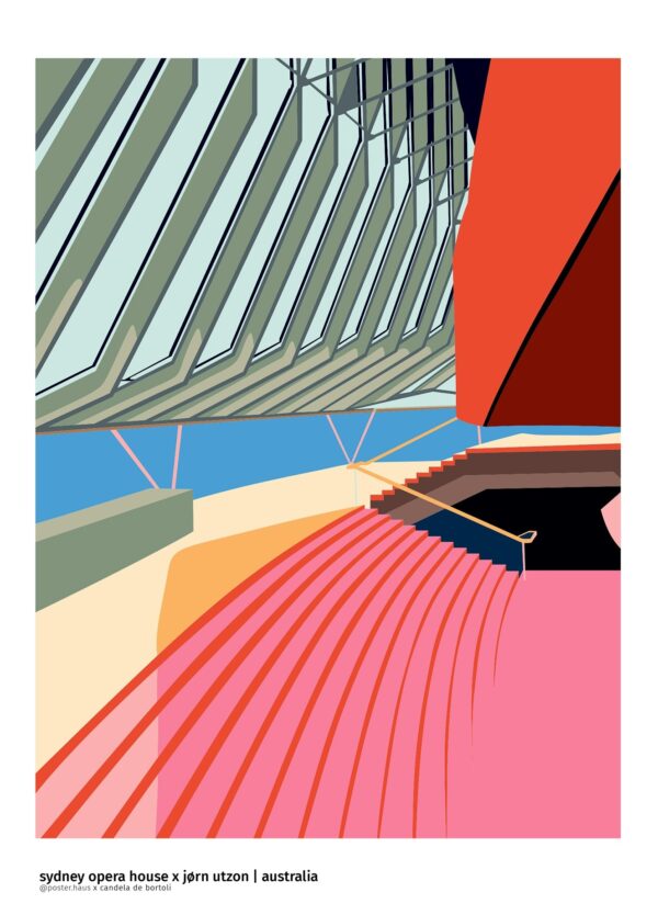 Grafisk plakat af Sydney Opera House set indefra. Plakaten er skabt af posterHaus x Candela De Bortoli