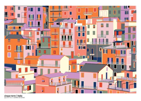 Grafisk plakat af Cinque terre i Italien. Plakaten er skabt af posterHaus x Candela De Bortoli
