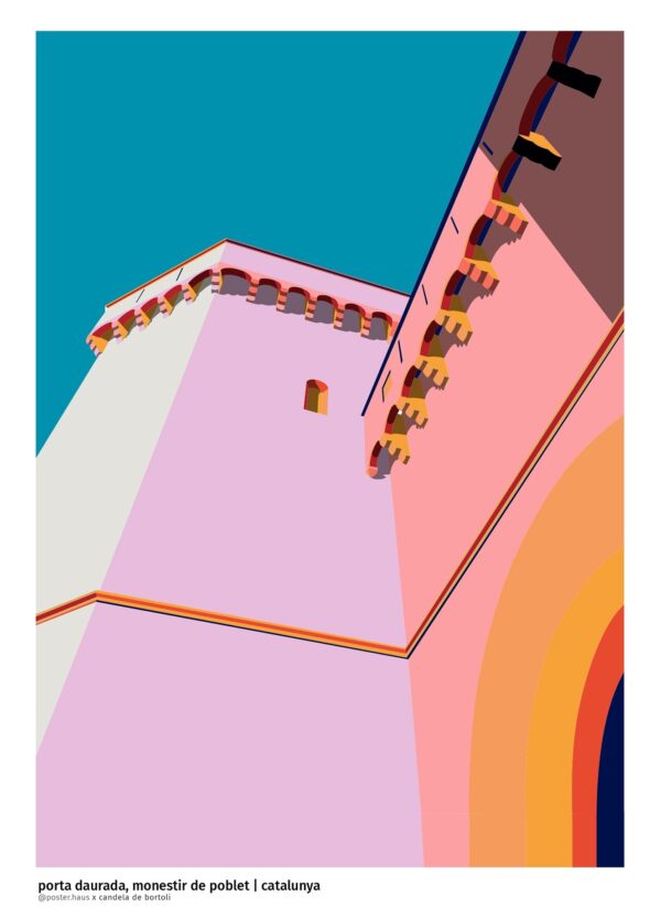 Grafisk plakat af Porta Daurada, Monestir de Poblet in Catalunya. Plakat skabt af posterHaus x Candela De Bortoli