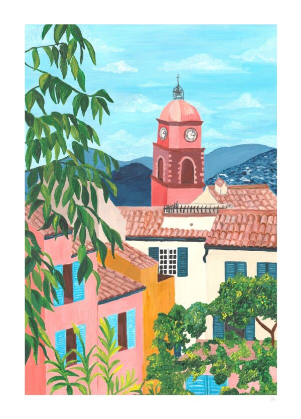 Spanien plakat med udsigt til landets smukke farverige bygninger og tage med bjerge i baggrunden.