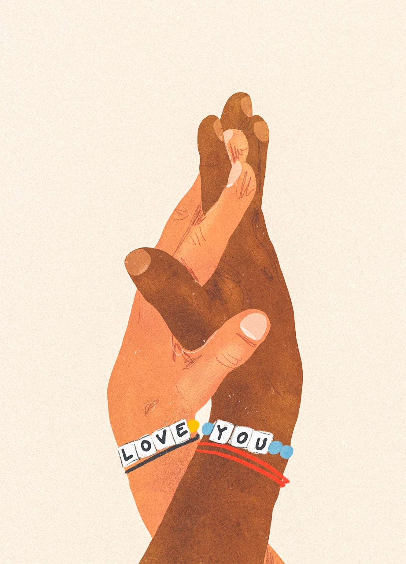 Kærlighed plakat med 2 hænder i forskellige hudfarver, der holder i hånd.