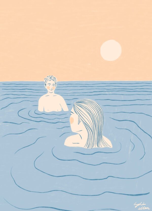 Hav plakat med en mand og en kvinde, der bader i solnedgangen