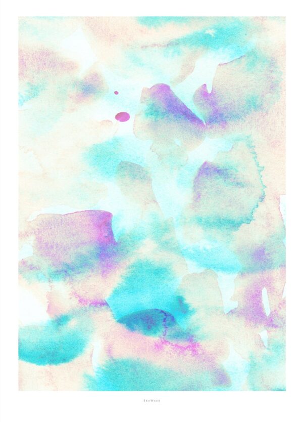 Abstrakt plakat med titlen Skybound Soaring, der nærmest changerer i farverne turkis, gul, lilla og lyserød.