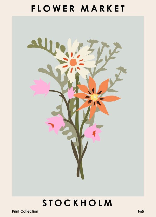 Blomster plakat med inspiration fra den svenske flora. En buket blomster i hvid, orange og lyserød på en turkis baggrund