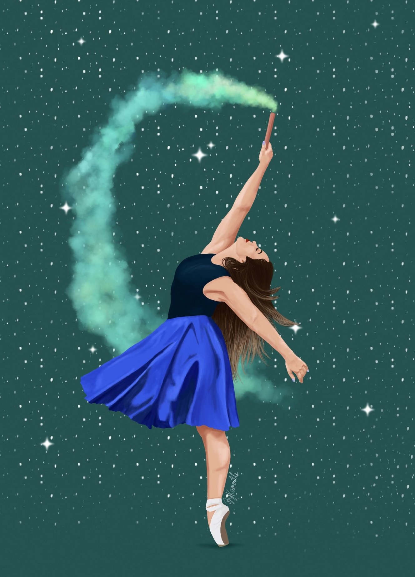 ByKammille plakat med en kvinde i en yndefuld dans. I sin hånd har hun et rør, der efterlader et slør af farvemagi.