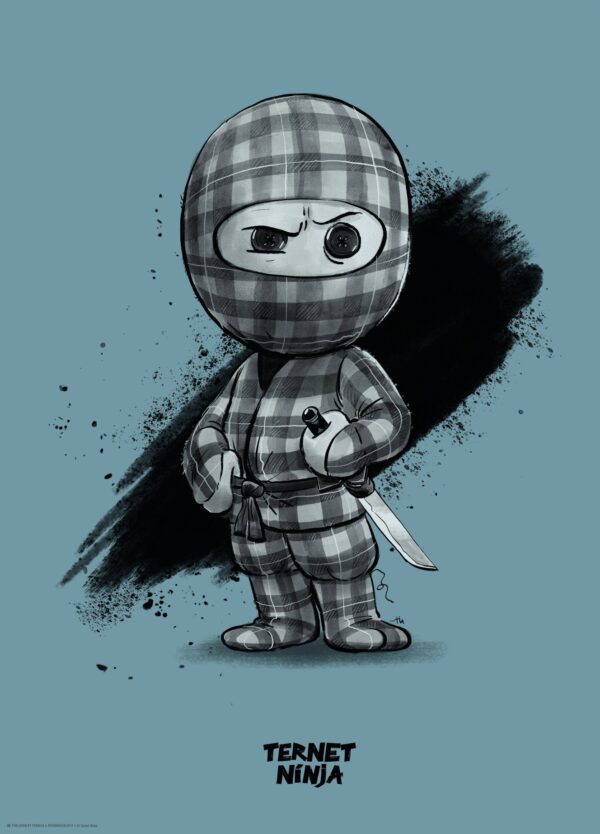 Ternet Ninja plakat med Ternet Ninja på en blå baggrund