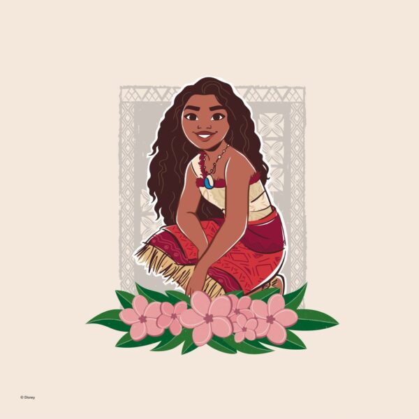 Vaiana plakat med en smilende Vaiana på en beige baggrund og lyserøde blomster.