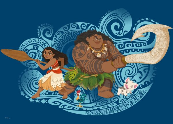 Maui kæmper sammen med Vaiana på denne smukke mønstrede baggrund i forskellige blå farver