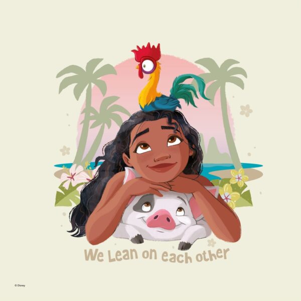 Vaiana plakat med Vaiana, Pua og Hei Hei på en beige/grønlig baggrund med palmer.