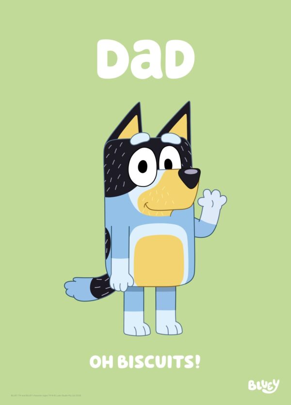 Grøn Bluey plakat med faren Bandit fra den populære børneserie