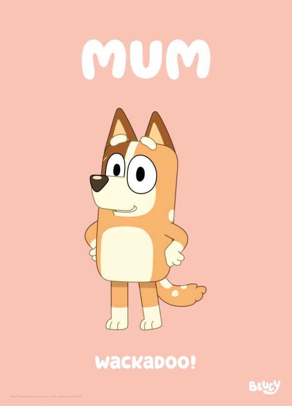 Lyserød Bluey plakat med moren Chilli fra børneserien om den lille hundefamilie