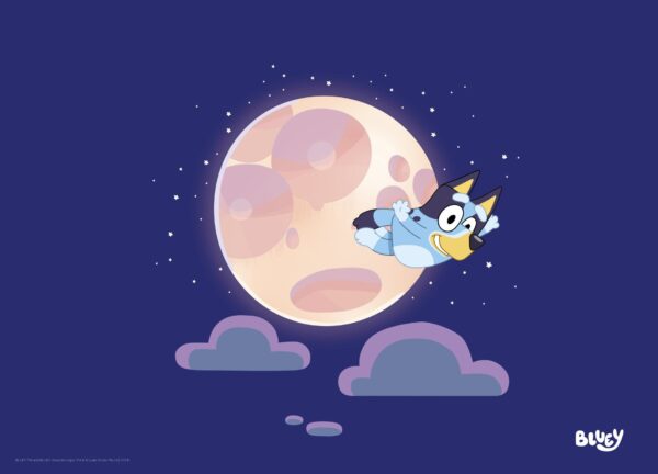Bluey plakat med Bluey, der flyver på nattehimlen