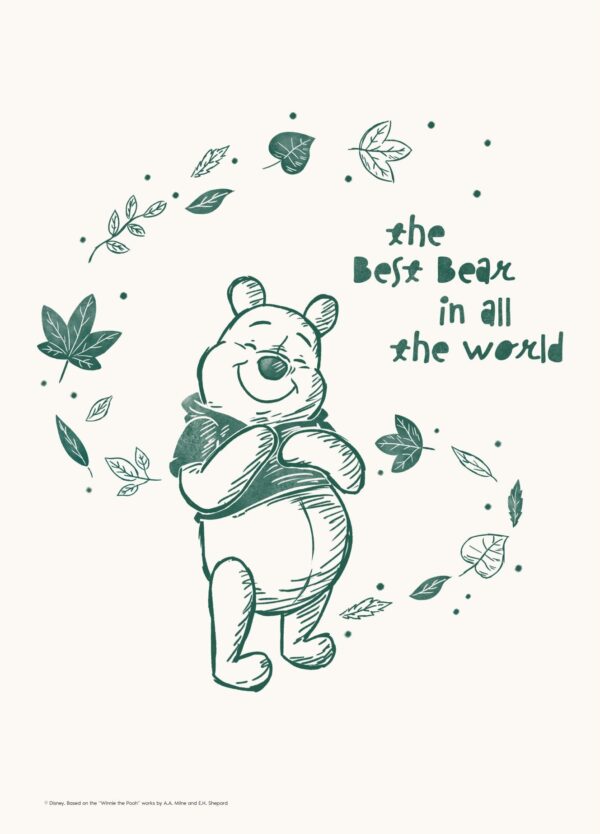 Peter Plys plakat i en fin grøn streg. På plakaten står Peter Plys i vinden omgivet af blæsende blade.