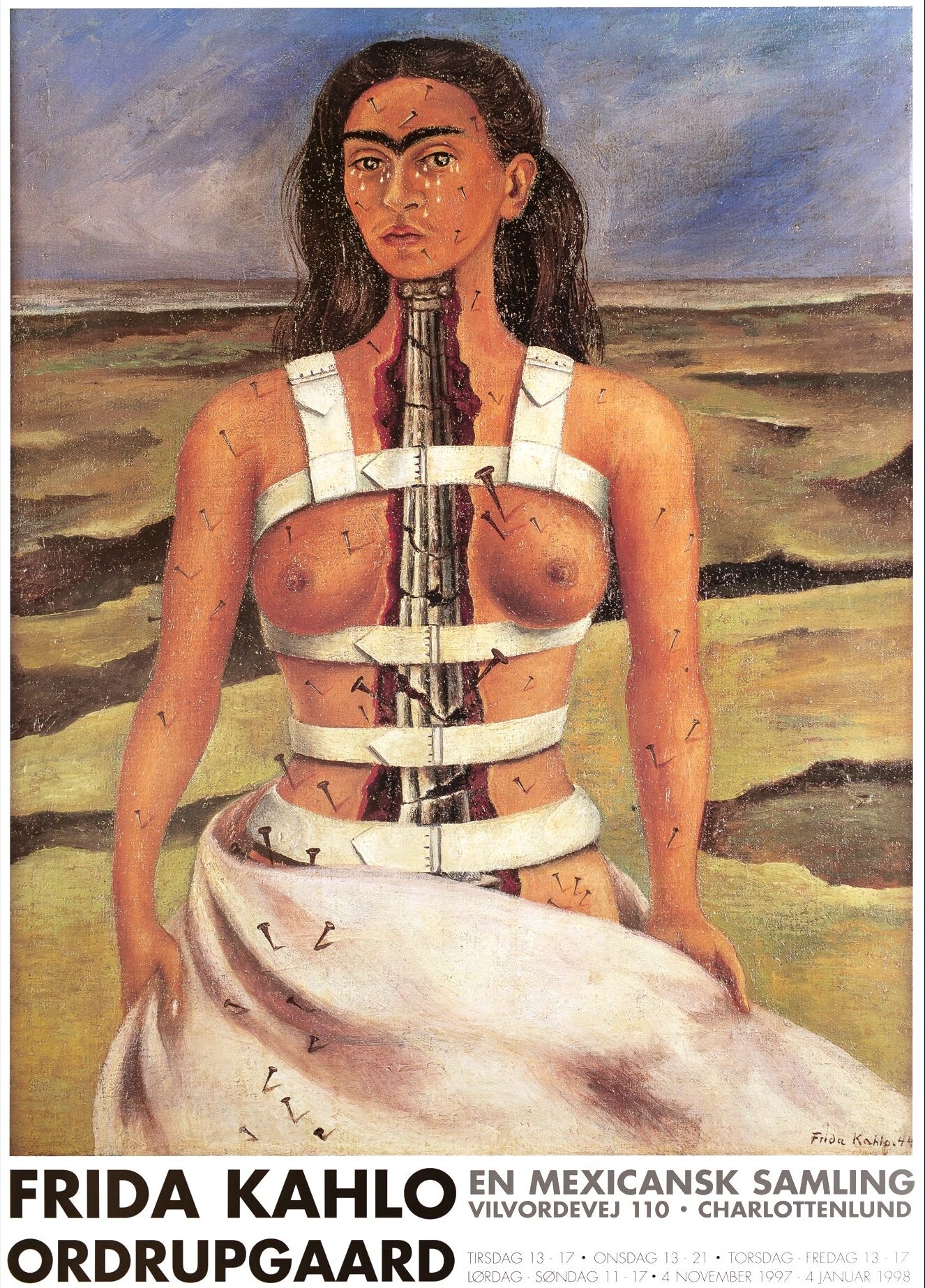 Frida Kahlo plakat fra Ordrupgaard med hendes værk Broken Column. Værket er et et selvportræt af kunstneren.
