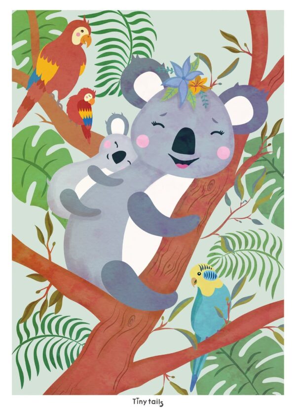 Sød børneplakat med en Koala, der har sin lille unge på ryggen.