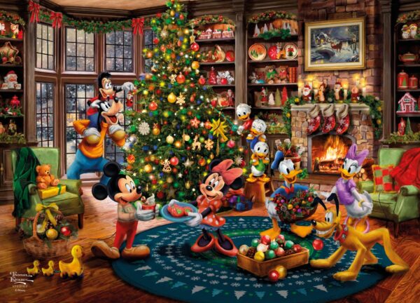 Jule plakat med Mickey Mouse og Minnie Mouse. De holder julefest med alle deres venner. Festens midtpunkt er det smukke, pyntede juletræ.