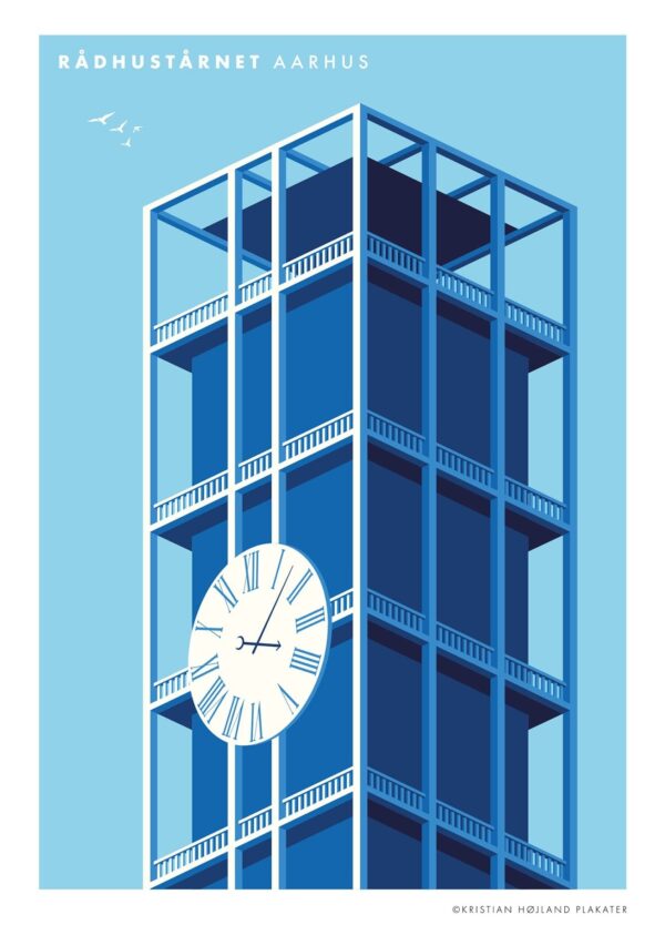 Århus plakat med byens Rådhustårn. Tårnet er i en smuk mørkeblå farve med detaljer i hvid. Baggrunden er himmelblå.