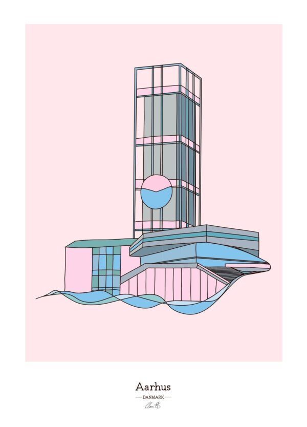 Aarhus plakat i en enkelt streg. På plakaten ses bl.a. Dokk1 og Aarhus Rådhustårn