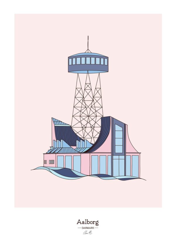 Aalborg plakat med vartegn fra byen i lyserød og lyseblå