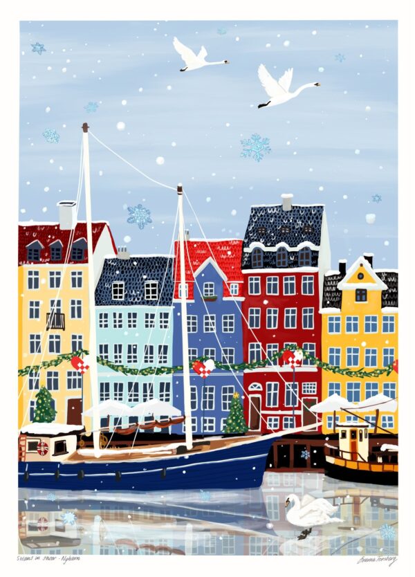 Nyhavn plakat med svaner og snevejr