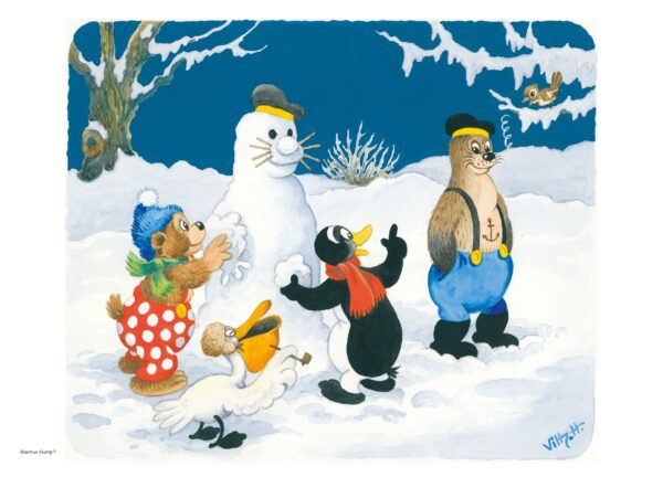Rasmus Klump plakat med Rasmus og hans venner, der bygger en snemand